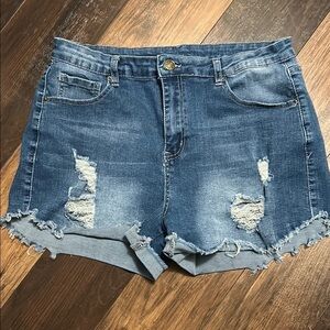 Blue Distressed Jean Shorts with Rolled Hems
